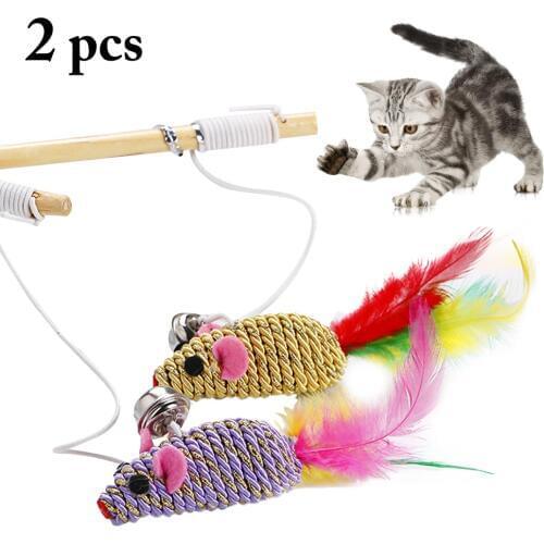 2pcs Cat Toys Cute Funny Faux Feather Fake Mouse Cat Teaser Wand Wooden Pet Toys for Cats Interactive Stick Cat Supplies
