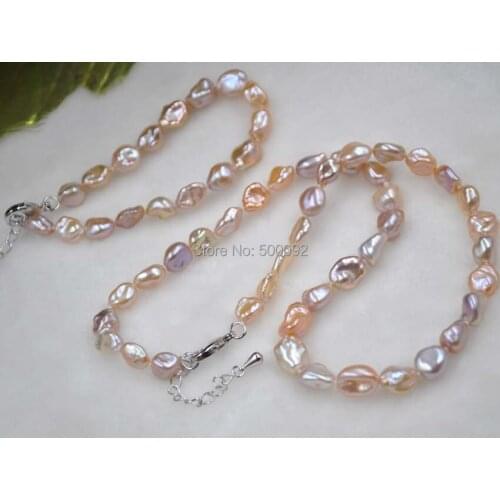 Fine 1 sets pink/purple keshi natural pearl sets necklace & bracelet free shipping
