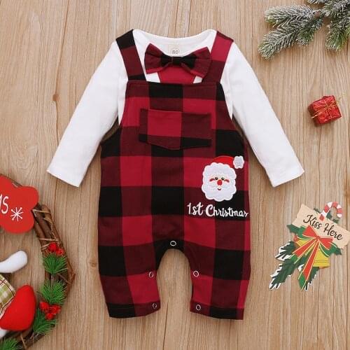 Newborn Baby Girls Boys Clothes Infant Christmas Set Cotton Romper Top Plaid Suspender Pants Xmas Outfits Suit