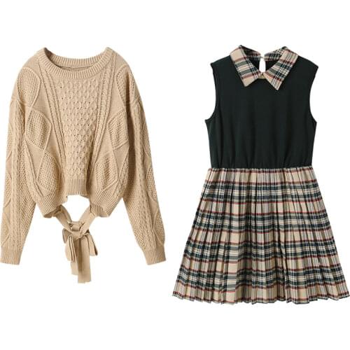 Children Clothes Set Baby Girl Clothes Suits Of Sleeveless Dress + Sweater Kids Dress Plaid New