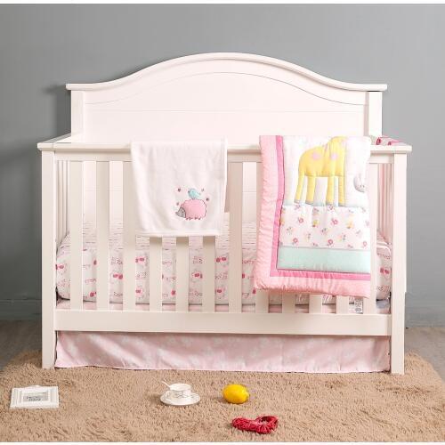 4PCS Pink Animal crib bedding set Dust Ruffle Crib Bed Set baby bedclothe Baby Room Decor (duvet+fitted sheet+bed skirt+blanket)