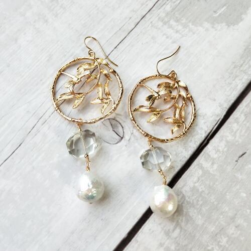 Lii Ji Baroque Pearl Green Amethyst Dragonfly with Leaves Big Circle Drop Earrings 925 Sterling Silver Hook Earrings For Women