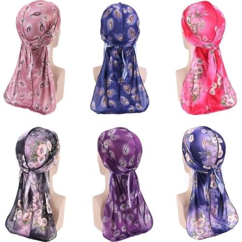 Fashion Mens Smooth Fabric Durag Headwear Pirate Hat Women Cap Long Tail Headwrap Printing Thin Hip Hop Bandage Hat