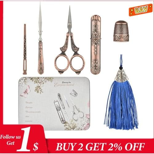 Vintage Scissor Sewing Tool Set Embroidery Tailor Scissor Case Needle Bottle Sewing Thimble Antique Craft Sewing Tool Kits
