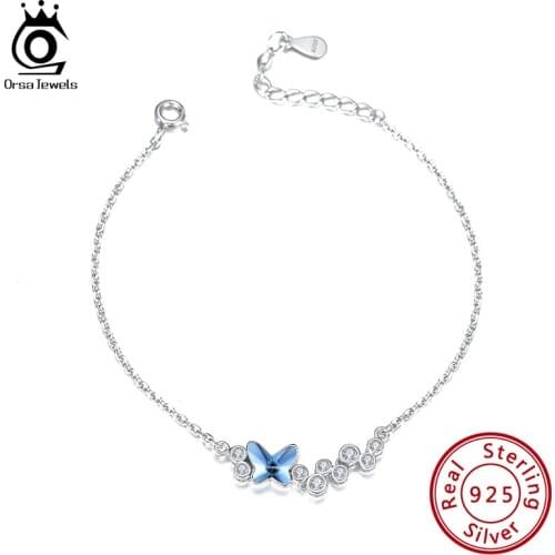 ORSA JEWELS Newest Blue Austrian Crystal Bracelets for Women 925 Sterling Silver Lucky Butterfly Wedding Party Jewelry SWB02
