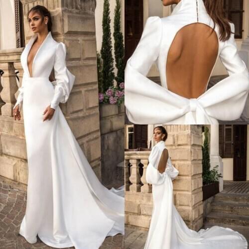 White Satin A-line Formal Evening Dresses Deep V-neck Knot Back Long Sleeves Floor Length Chapel Train Prom Gowns navidad