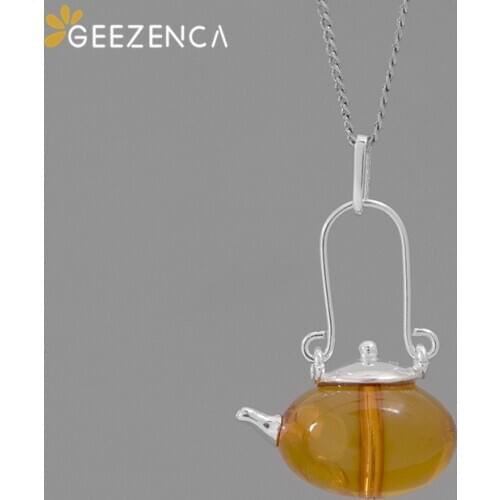 925 Sterling Silver Amber Teapot Pendant Fine Jewelry For Women Original Design Chinese Style Trendy Pendant Without Chain M009