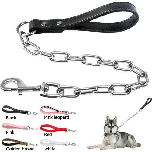 Durable Dog Chain Leash Small Large Dogs Walking Lead Rope Collar Harness Leashes With Leather Handle Golden Color Pet Supplies
