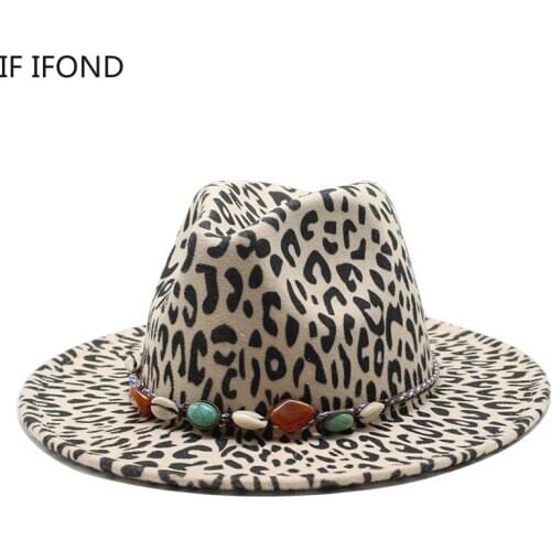 Warm Winter Vintage Retro Wool Fedora Felt Wide Brim Leopard Womens Hats Unisex Jazz Trilby Panama Hat