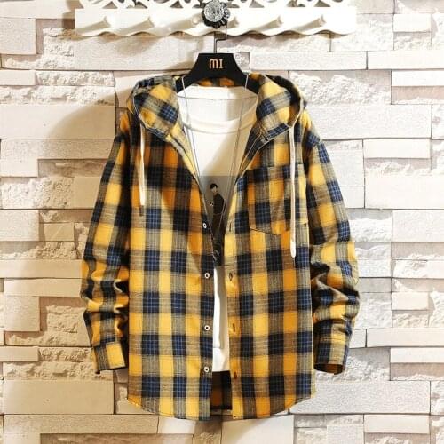 Hip-hop streetwear casual plaid shirt mens spring and autumn long-sleeved high-quality 2021 loose hooded