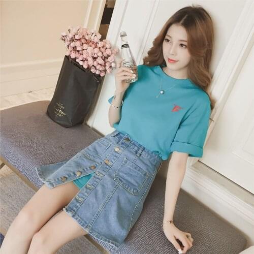 Spring and summer 2021 new net red playful goddess short skirt set T-shirt two piece denim skirt
