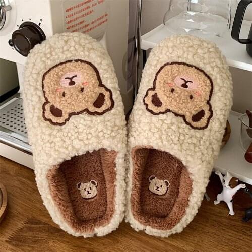 Shoes for Women 2021 Cartoon Animal Bear Slippers for Woman Faux Fluffy Fur Upper Antislip Cover Toe House Winter Flat Shoes