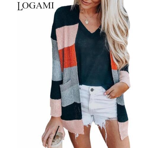 LOGAMI Colorful Striped Cardigan Women Long Autumn Winter Womens Cardigan Long Sleeve Ladies Knit Sweaters
