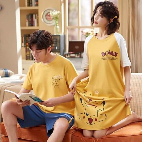 Pikachu Summer Night Dress Woman Nightgowns Couple Pajamas Homewear Cartoon Pokemon Kawaii Sleepwear Home Suit for Lover Mujer