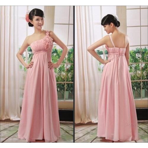 Free shipping vestido de festa longo casamento 2016 new fashionable flowers sexy one shoulder pink long party Bridesmaid Dresses
