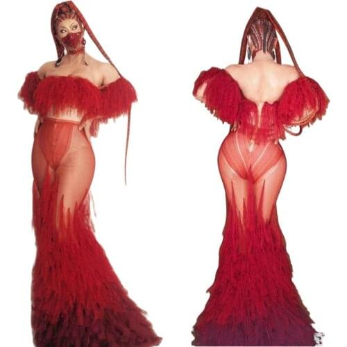 Sexy See Through Mesh Red Feathers Long Dress Women Evening Celebrity Party Off Shoulder Mermaid Dresses Singer Stage Costume