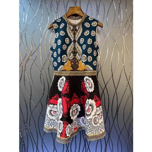 Vintage Dress 2021 Autumn Winter Style Women Stand Neck Beading Deco Sleeveless A-Line Blue Green Casual Party Gown Dress Club