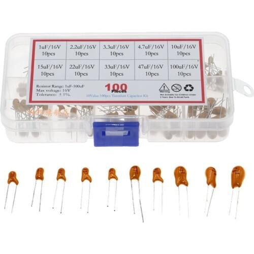 100 10 specifications 16V 1uf 2.2uf 3.3uf 4.7uf 10uf 15uf 22uf 33uf 4uf 100uf 16v in-line tantalum capacitor set