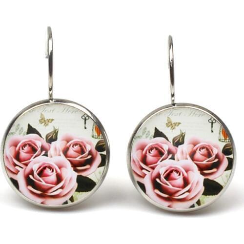 2019 new pink beautiful retro crystal fashion jewelry round Retro handmade earrings Rose flower Dangle Earring Womens Colorful