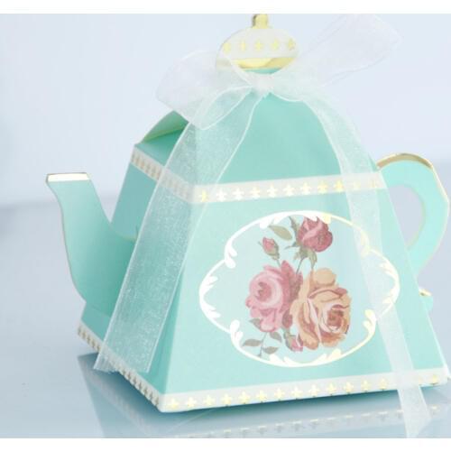 25pcs/lot Beautiful Blue Tea Shape Wedding Candy Box New Happy Party Decoration Cookies Box Creative Rose Printed Favor Gift Box