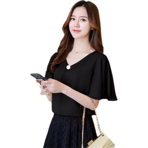 Womens Blouses Chiffon Oversized Shirt Summer Fashion Lotus Leaf Sleeve V-Neck Loose Top Blusas Mujer De Moda Verano