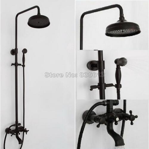 Black Oil Rubbed Bronze Dual Cross Handles Bathroom Tub Faucet Rainfall Shower Set Mixer Taps with Handheld Shower Wrs021