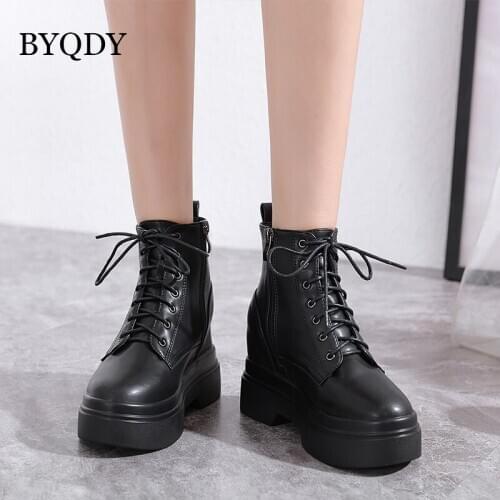 BYQDY Black Platform Woman Ankle Boots Round Toe Vintage High Heel Office Shoes PU Leather Autumn Winter Motorcycle Boots 34-39