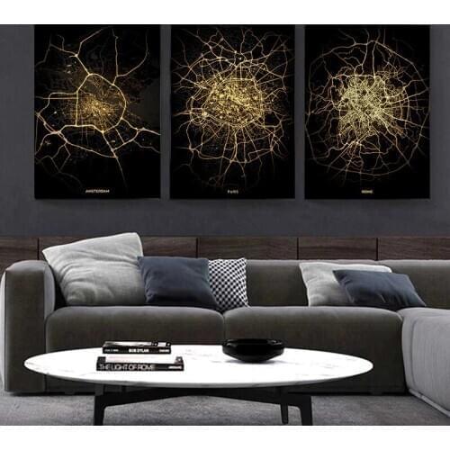 Black Gold Abstract Lines World City Map Entrance Canvas Paintings For Living Room Prints Home Wall Decoration Posters No Frame