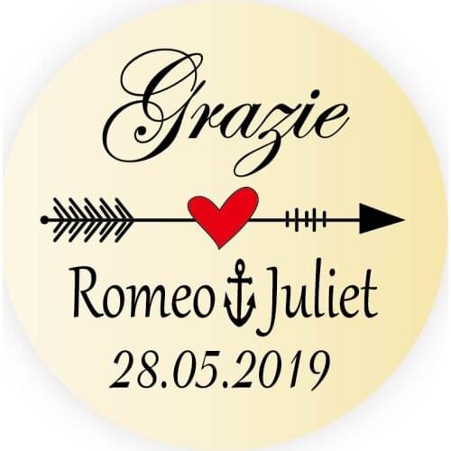 DouxArt 100pcs Favors Stickers Personalized Grazi , 40MM Heart Freccia Wedding Engagement Party Communion Gift Labels V1148