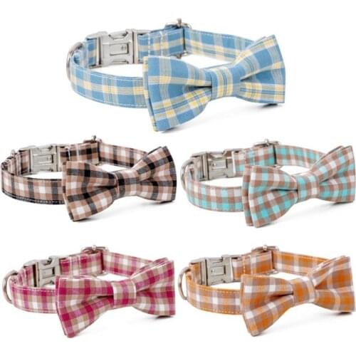 Elegant Lattice Dog Collar With Bow Soft Bowtie Dog Collar Adjustable Pet Gift Breathable Collars For Small Medium Large Dogs