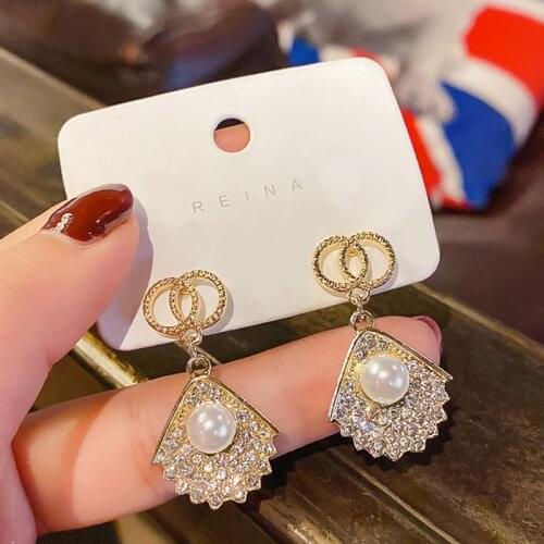 Geometric Double Circle Fan-Shaped Pearl Earrings With Diamonds Fashion Personality Super Fairy Light Luxury Wild Earrings