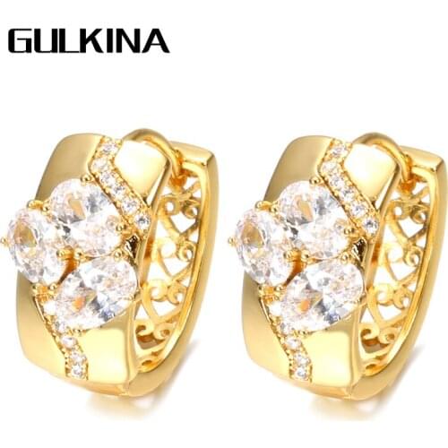 Gulkina Trendy Hollow Flower Stud Earrings 18k Gold Natural White Cubic Zircon Women Round Earring Wedding Jewelry