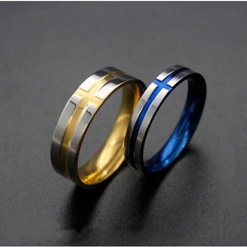 Religious 4/6mm Stainless Steel Cross Ring Gold Blue Color Church Jesus Christ Lord Prayer Finger Rings for Men Women Belief