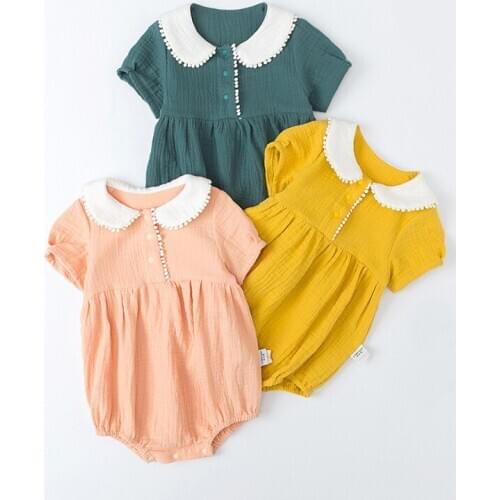 Newborn Baby Girls Romper Toddler Bodysuit Short Sleeve Cute Peter Pan Collar Jumpsuit Baby Unisex Clothes Linen Cotton Clothing