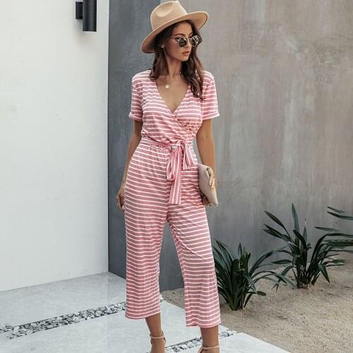 Women Summer Striped Jumpsuits Short Sleeve Cotton V-neck Loose Short Sleeve T-shirts Suit Slim Belt Playsuits Casual Romper