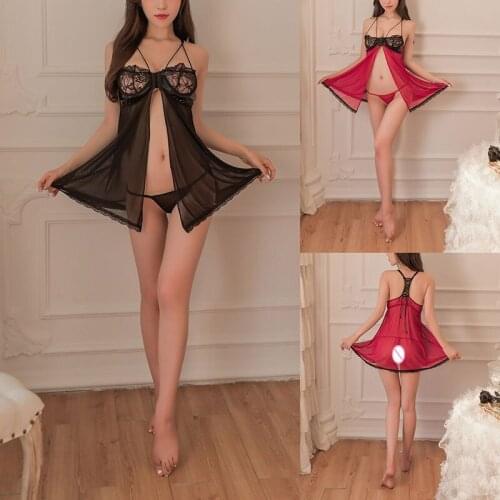 Womens Sexy Lingerie Set Sexy Open Front Babydoll See-through Mesh Chemise Thongs Sleepwear Womens Underwear Erotic Costumes