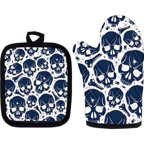 Cool Skull Design Oven Gloves Heat Resistant Set Baking Accessories Oven Mitts And Pot Holders Sets Kitchen Insulation Pad Mat