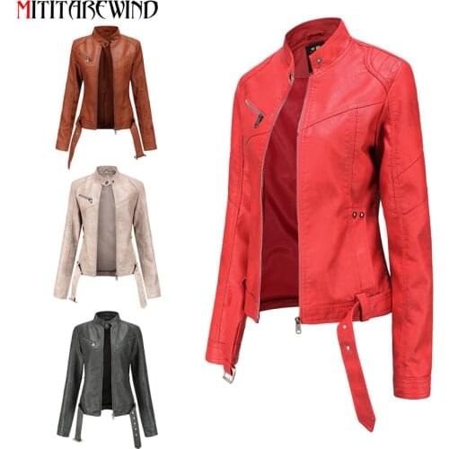 Spring Autumn Womens Leather Jackets Coats Woman Short Jackets with Belts Slim Fit PU Motorcycle Leather Jacket Large Size