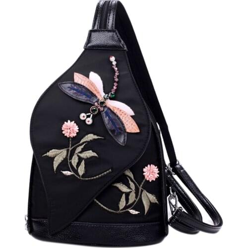 Fashion Style Black National Wind Diamond Dragonfly Embroidery Traditional Craft Oxford And Polyester Bag Shoulder Bag New