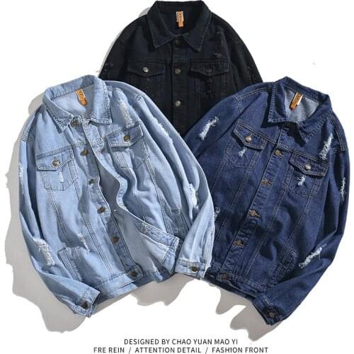 Jas 2021 Spring New Casual Clothes Men Bomber Jackets Outwear Mens Hole Denim Jacket Japanese Streetwear Hommes Veste En Jean