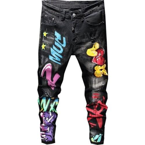 Male trousers winter new style ragged cat whiskers washed jeans black printing tight-fitting stretch mens pants 1984 for man