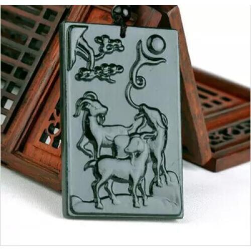 Natural HETIAN Stone Pendant Carved three Rams Zodiac Sheep Pendant Necklace Gift for Women Men Jades Jewelry