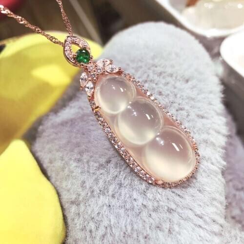 Natural ice beans jade pendant with 925 sterling silver rose gold pendants necklaces add chain jade jewelry jade necklace