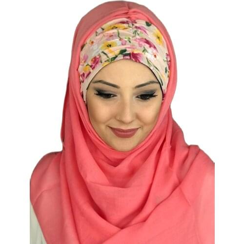 New Fashion 2021 Hijab Islamic Clothing Turban Women Hat Spring Summer Scarf Coral Color Floral Shirred Ready Shawl