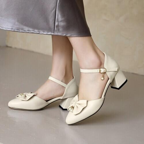 LDHZXC 2021 Autumn New Black PU Leather Mary Jane Pumps Women Buckle Pointed Toe Shoes Woman Med Thick Heels Single Shoes Ladies