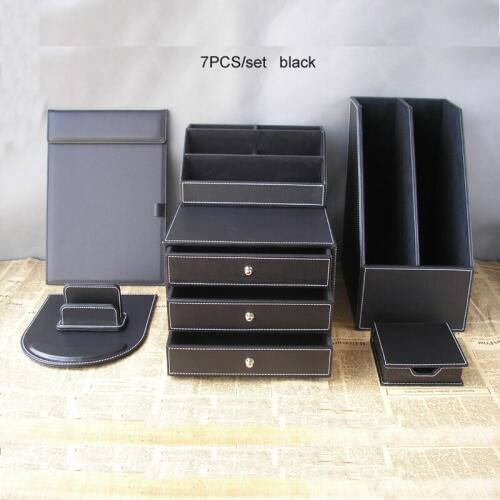 7PCS/set PU leather business office stationery desk organizer storage set file holder 3-drawer cabinet note case card stand K258