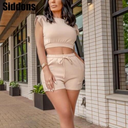 Casual Tracksuit Women Two Piece Set Solid Sleeveless Crop Top & Drawstring Shorts Set Female Suits