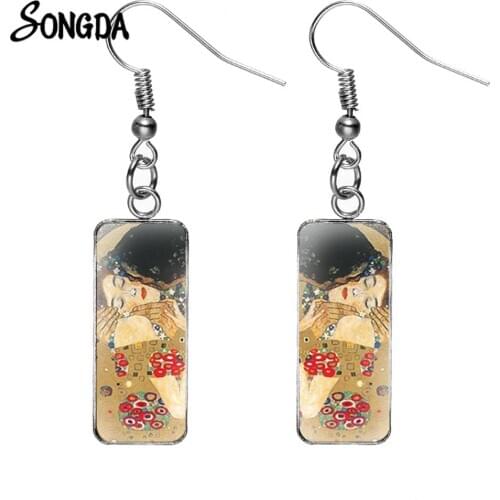 The Kiss Gustav Klimt Drop Earrings Silver Color Hand Craft Art Picture Glass Dome Rectangle Fish Hook Earrings Valentines Gift