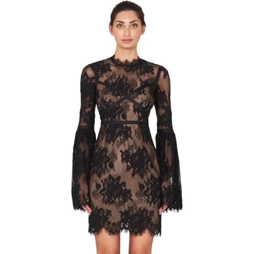 Chic Open Back Flare Sleeve Lace Round Neck Nipped Waist Mini Bodycon Bandage Long Sleeve Dress