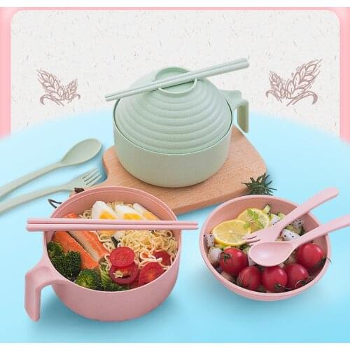 Wheat Straw Tableware Bowl Lid Large Capacity Instant Noodle Bowl Household Round Bowl Fork Spoon Chopsticks Gift Dinnerware Set
